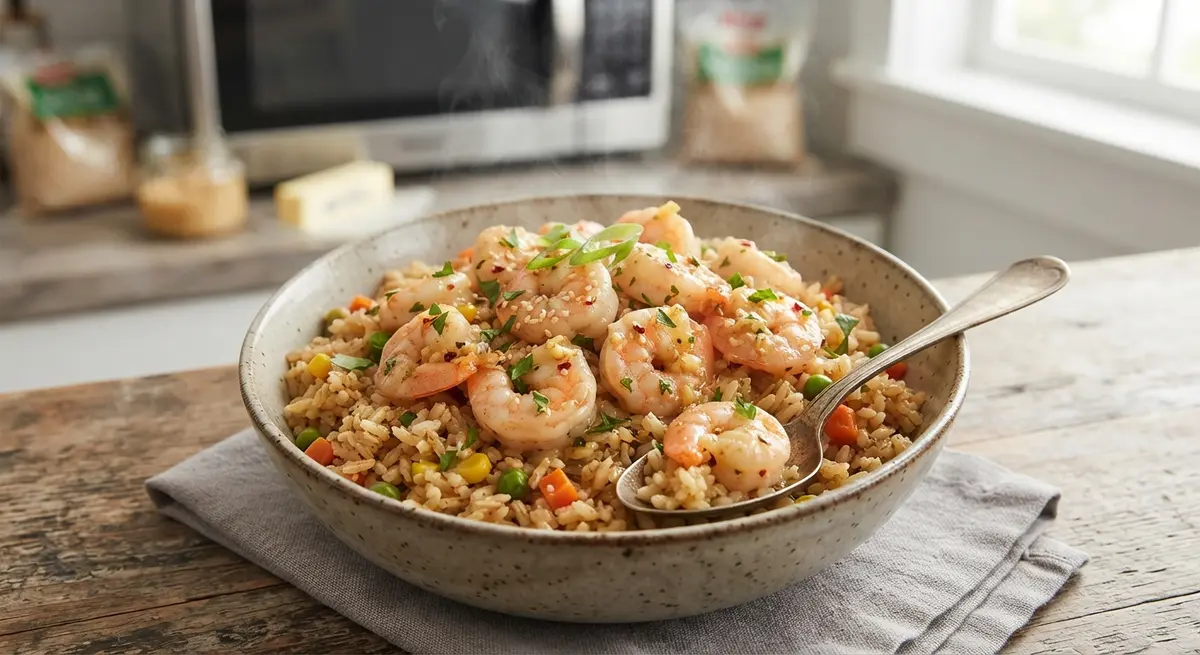 Microwave Garlic Butter Shrimp Rice Bowl