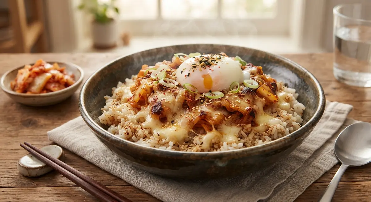 Microwave Kimchi and Cheese Rice Bowl