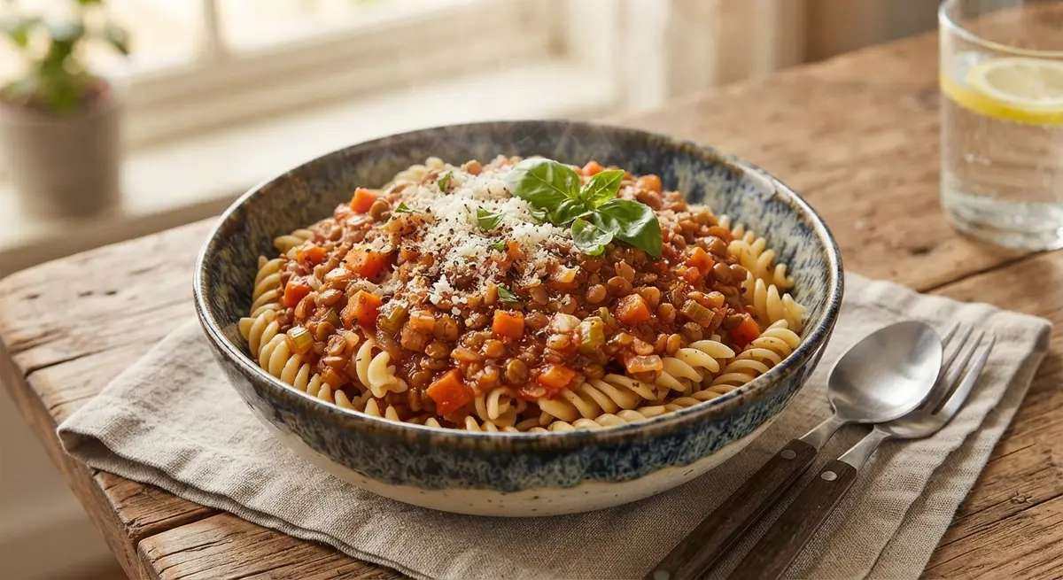Microwave Lentil Bolognese Pasta Bowl