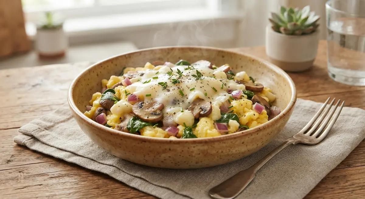 Microwave Mushroom and Swiss Egg Scramble Bowl
