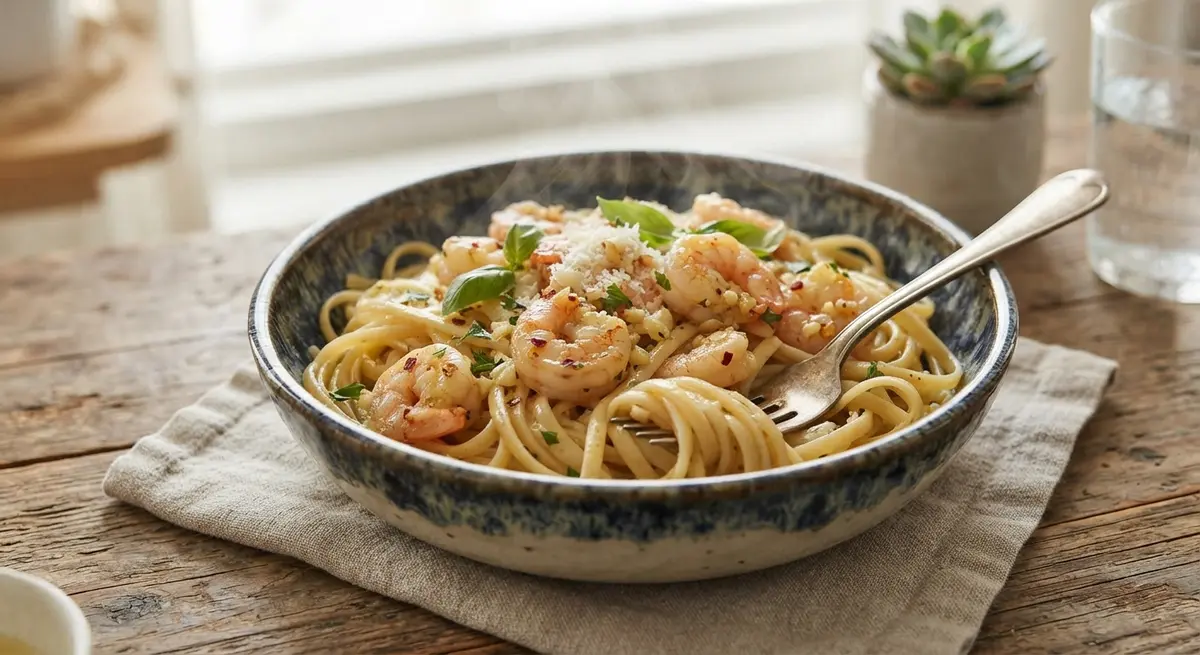Microwave Shrimp Scampi Pasta Bowl