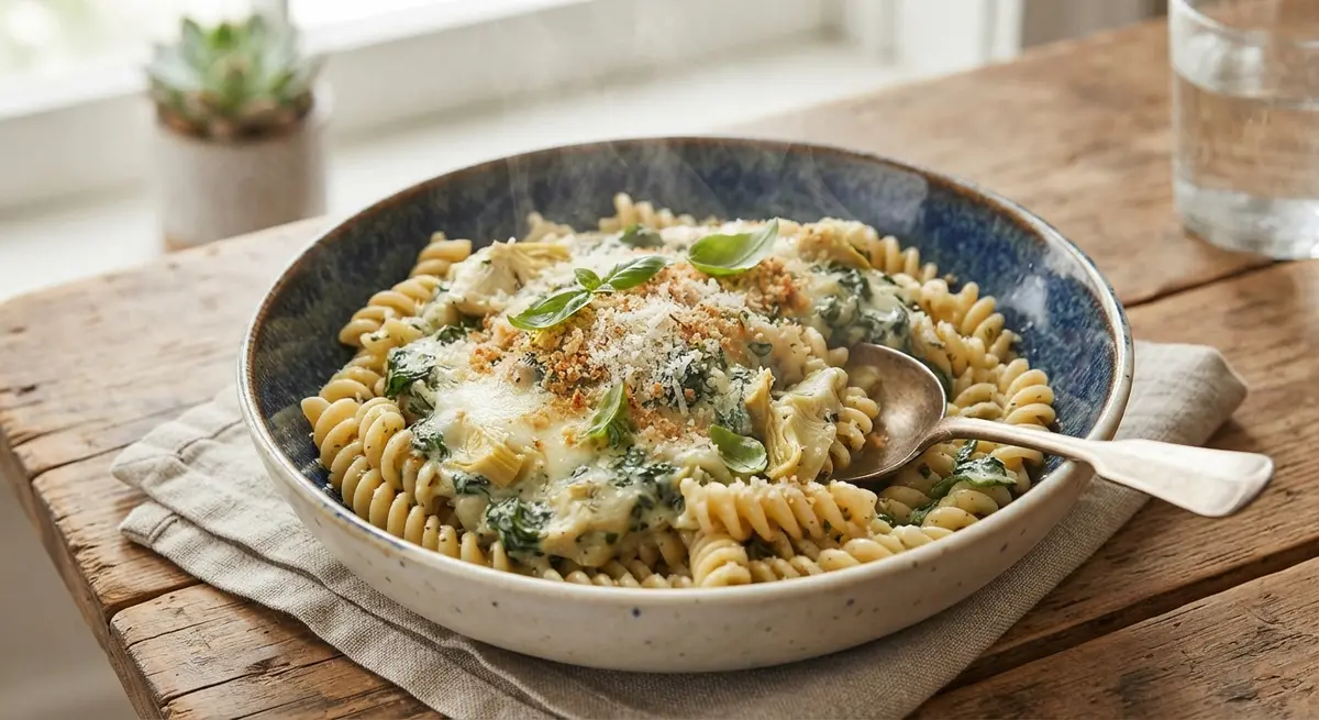 Microwave Spinach Artichoke Pasta Bowl