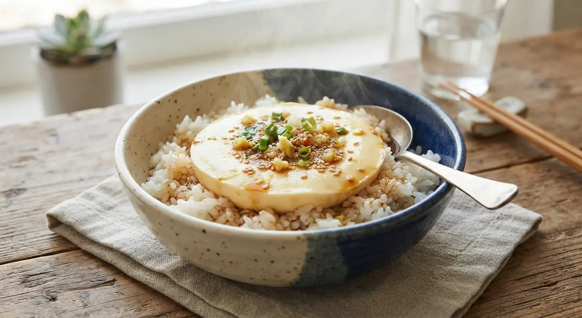 Microwave Steamed Egg Rice Bowl with Soy and Ginger