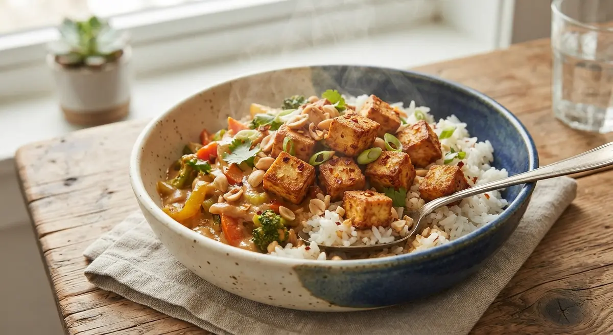 Microwave Thai Peanut Rice Bowl with Crispy Tofu