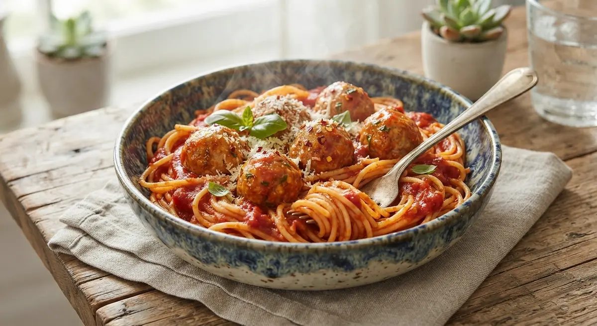 Microwave Turkey Meatball Pasta Bowl