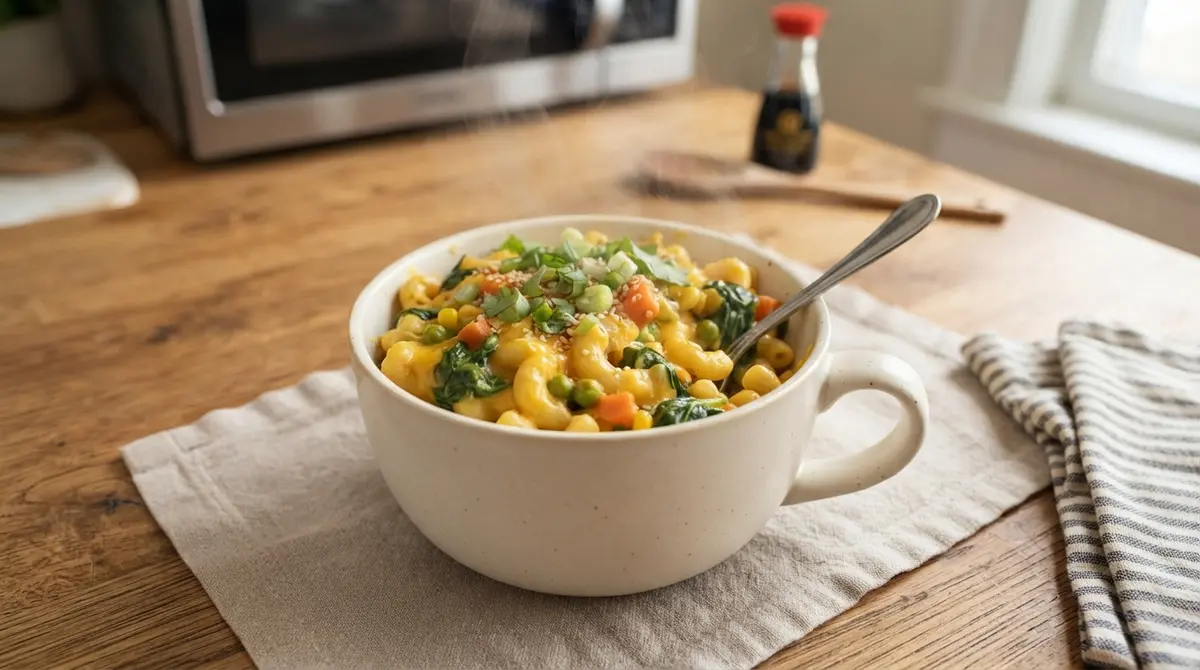 Microwave Veggie Mac in a Mug with Spinach