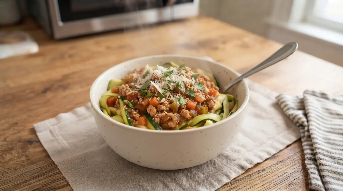 Microwave Zucchini Ribbons with Turkey Bolognese