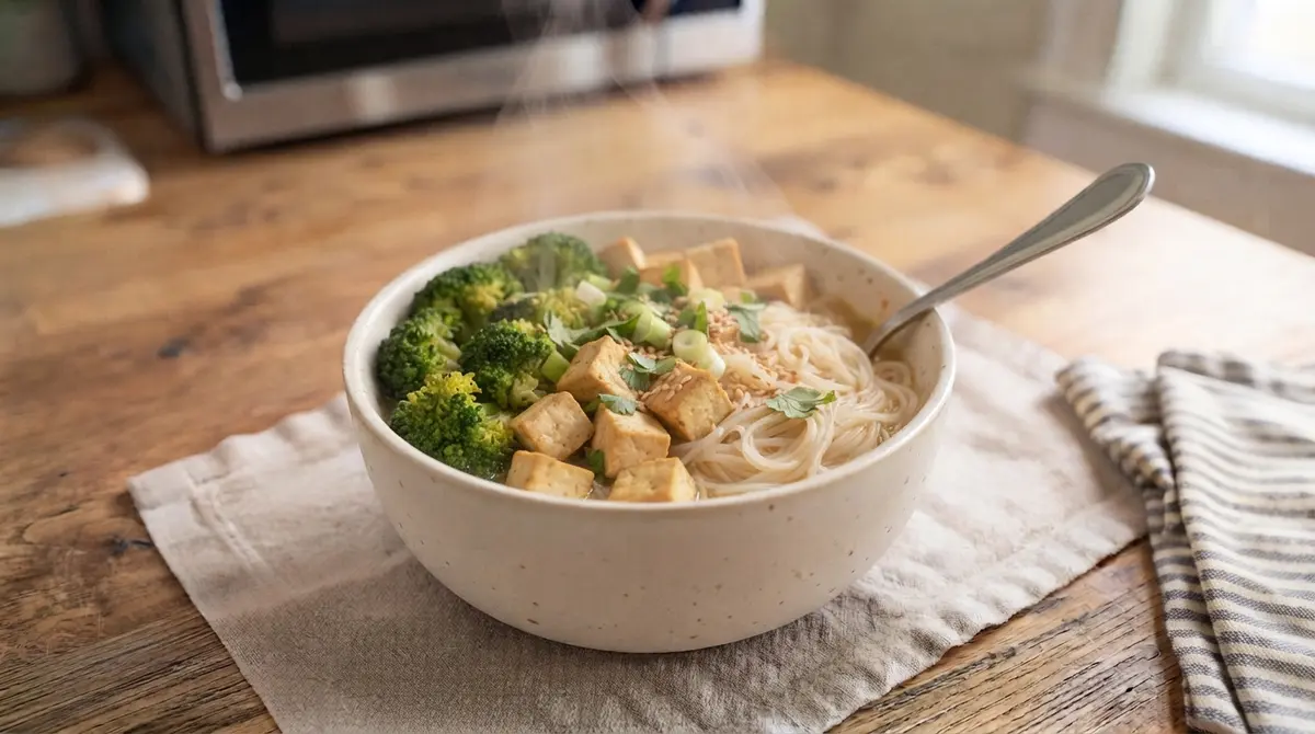 Mild Rice Noodles with Tofu and Steamed Broccoli