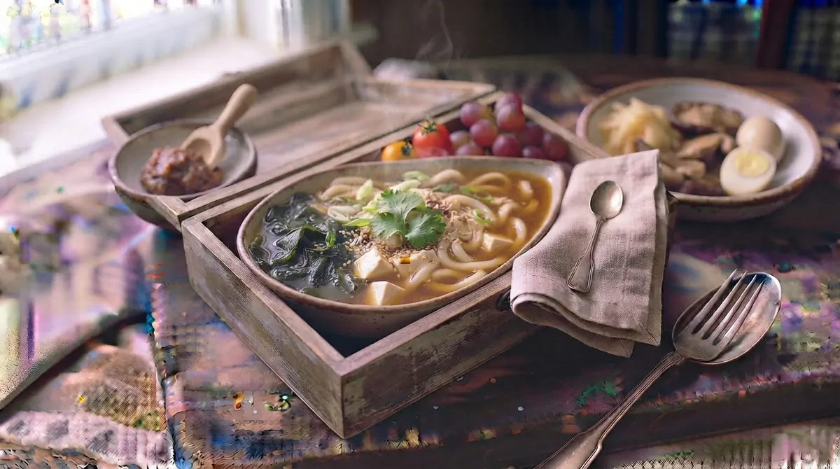 Traditional Miso Soup with Silken Tofu, Wakame & Udon Noodles (Probiotics and minerals)