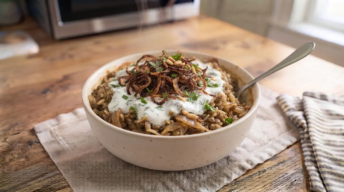 Mujadara Bowl with Crispy Onions and Yogurt-Style Sauce