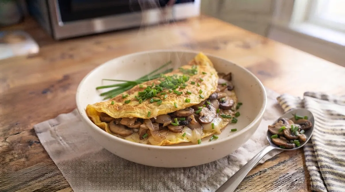 Mushroom Omelet (Canned or Portion-Controlled) with Chives (Digestive safety) — eggs fully cooked