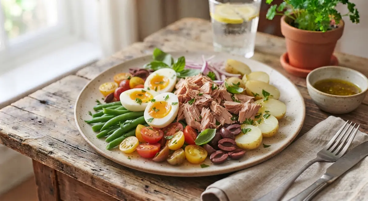 Complete Niçoise Salad (Tuna, Eggs, Green Beans, Olives, Tomatoes, Olive Oil) (Low-GI classic)