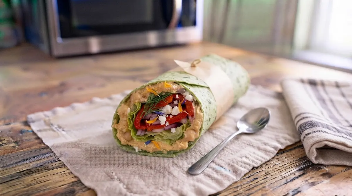 No-Cook Hummus and Roasted Pepper Wrap