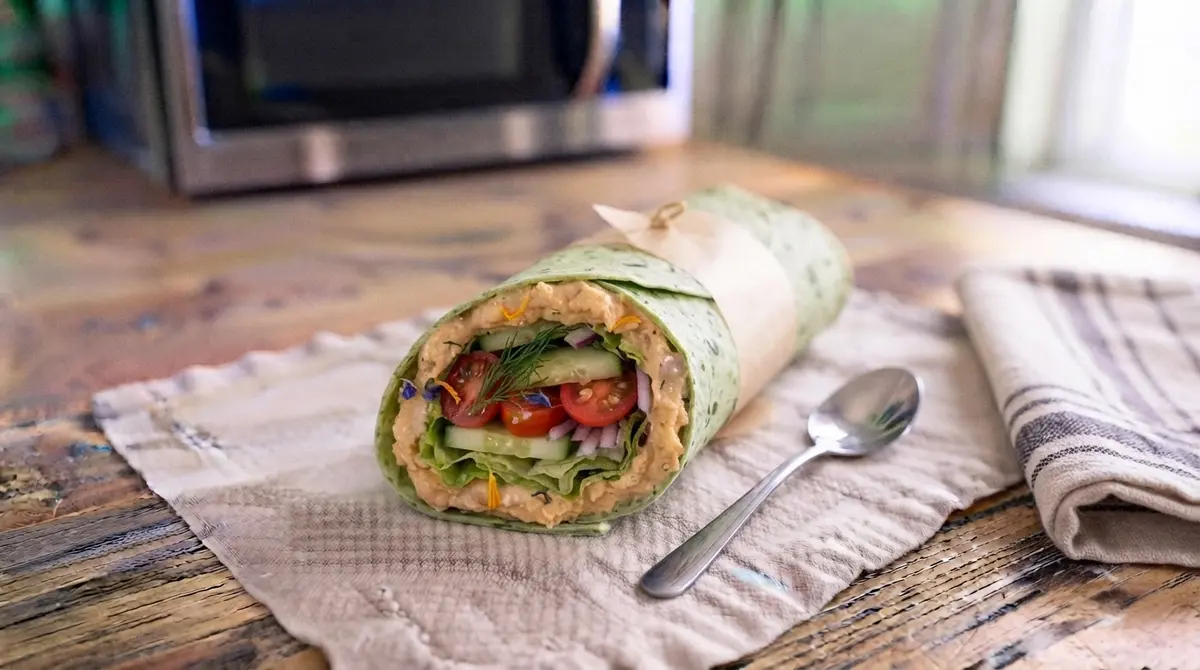 No-Cook Hummus Cucumber and Tomato Wrap