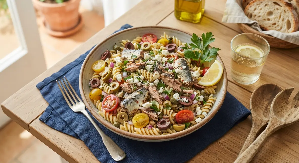 No-Cook Sardine and Olive Pasta Salad