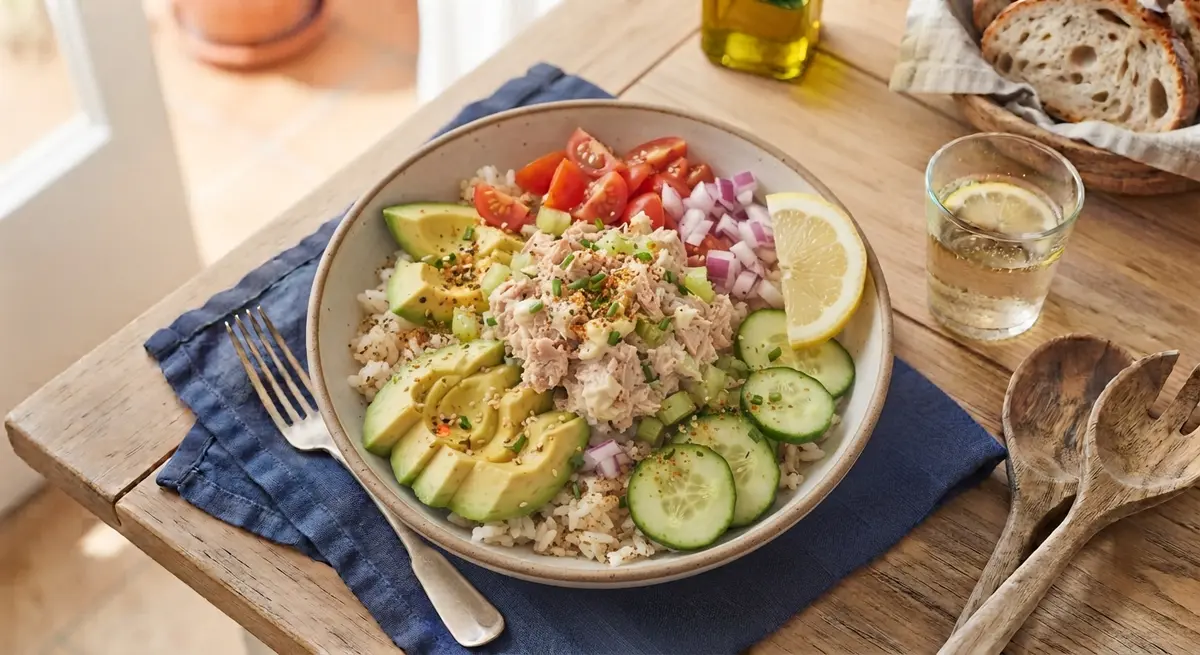 No-Cook Tuna Mayo Avocado Rice Bowl