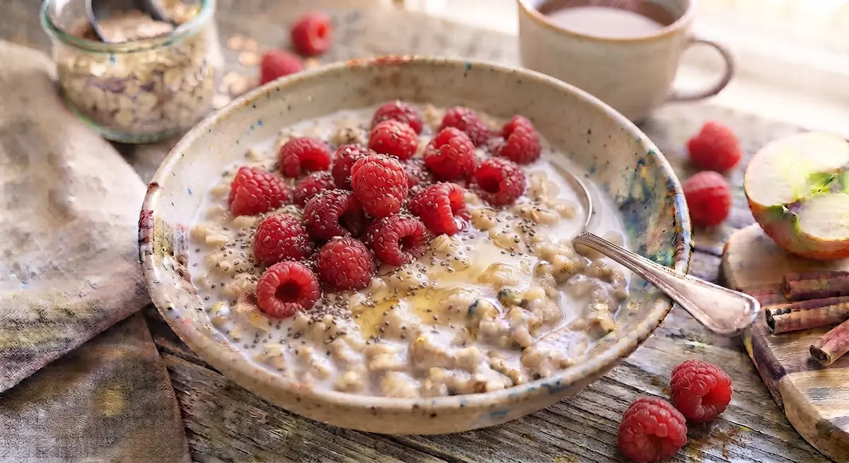 Oatmeal Porridge with Dairy Milk (or Fortified Soy Milk), Chia Seeds & Raspberries (Calcium and fiber)