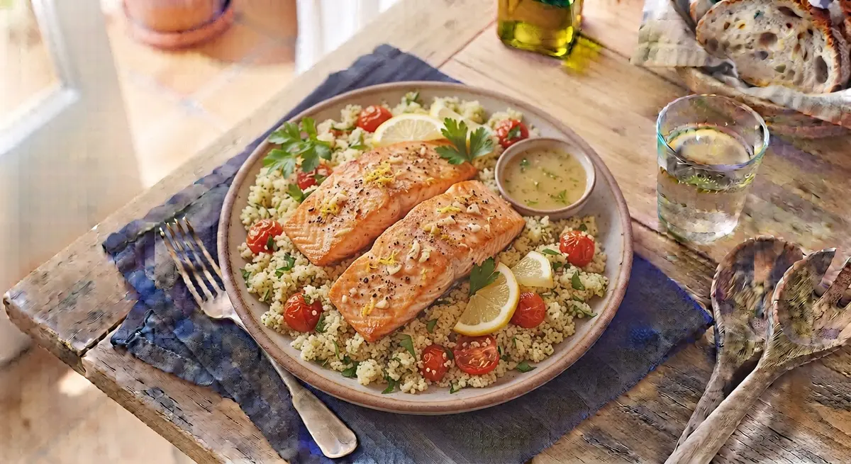 One-Pan Lemon Garlic Salmon with Couscous