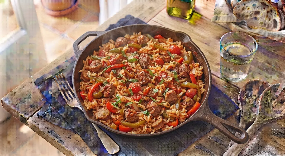 One-Pan Turkey Sausage and Peppers Rice Skillet