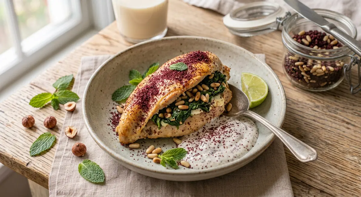 Pine Nut and Spinach Stuffed Chicken with Sumac Crust