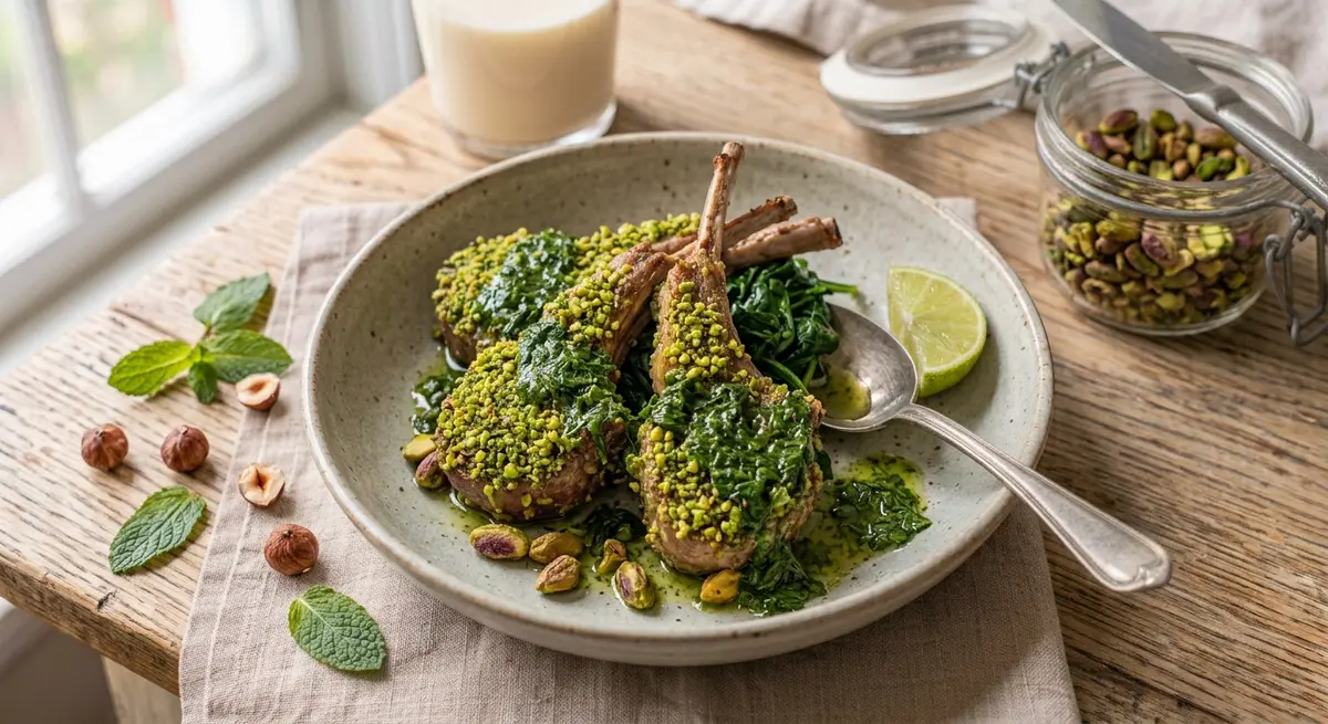 Pistachio-Crusted Lamb Chops with Garlic Herb Mint Sauce