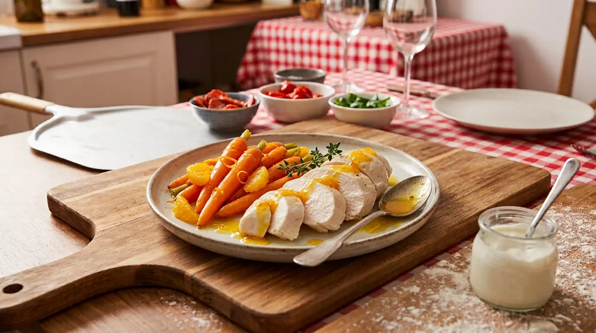 Poached Chicken Breast with Sweet Orange-Glazed Carrots (Tender meat, Vitamin C)