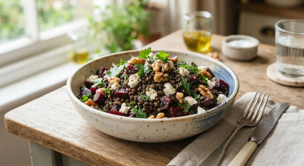 Puy Green Lentil, Roasted Beetroot, Walnut & Feta Salad (Iron and antioxidants)