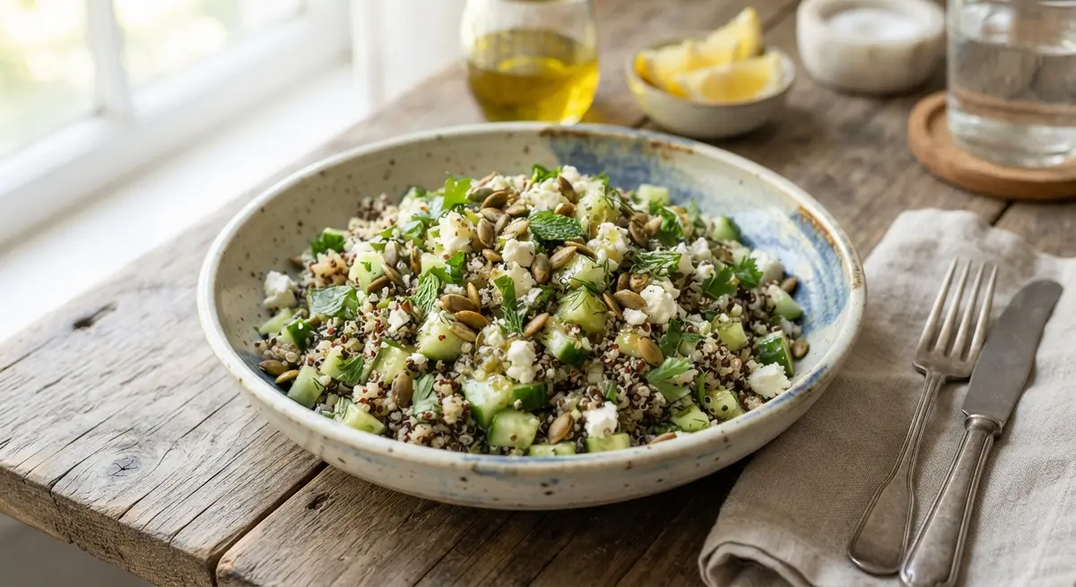 Quinoa, Cucumber, Feta & Lemon-Olive Oil Salad (No onion or garlic)