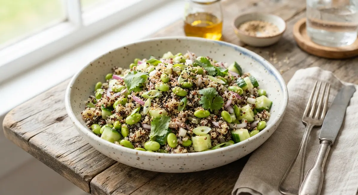 Complete Quinoa, Edamame & Cucumber Salad with Sesame Dressing (Optimal lipid profile)