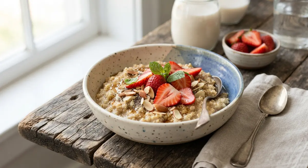 Cooked Quinoa Flakes Porridge with Almond Milk, Strawberries & Maple Syrup (Safe breakfast)
