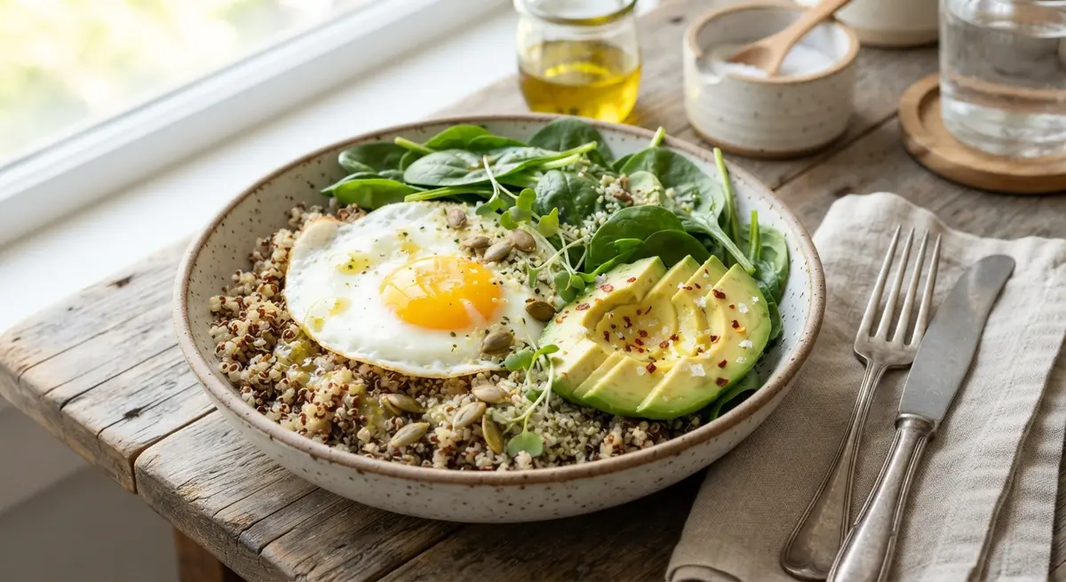 Quinoa, Fresh Spinach, Soft-Boiled Egg & Avocado Bowl (Folate, choline, iron)
