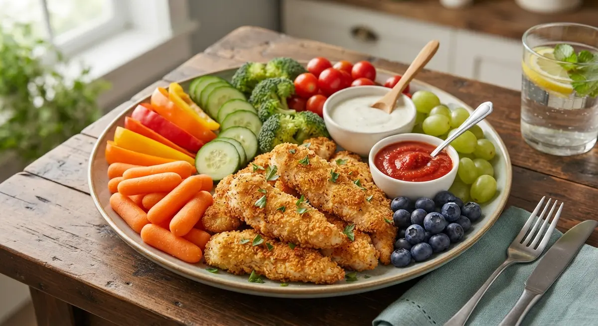 Rainbow Plate with Chicken Fingers and Veggie Dip