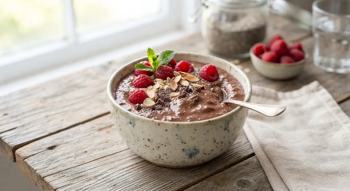 Raw Cacao and Chia Seed Pudding with Raspberries