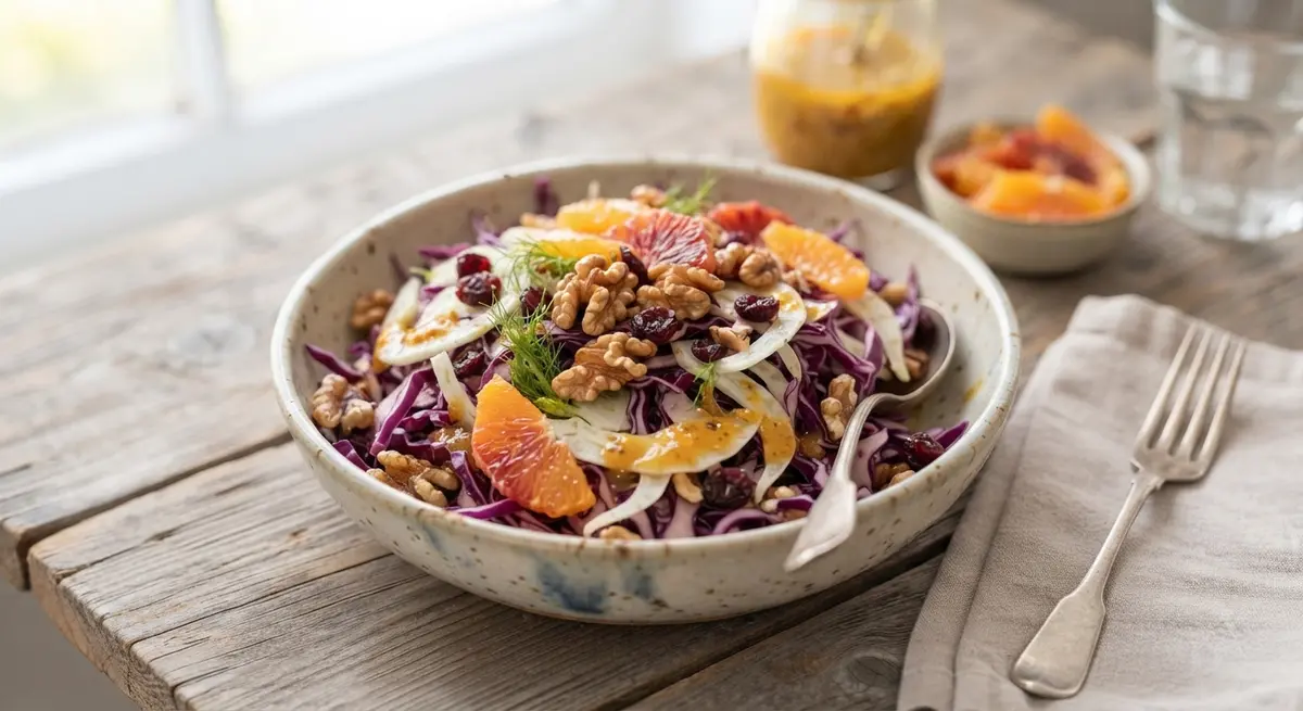Red Cabbage and Fennel Slaw with Orange and Walnut Dressing