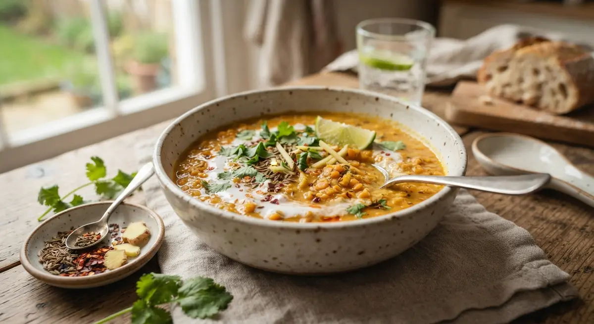 Red Lentil Coconut Soup with Warming Spices (Cumin/Ginger) (Stabilizing fiber)