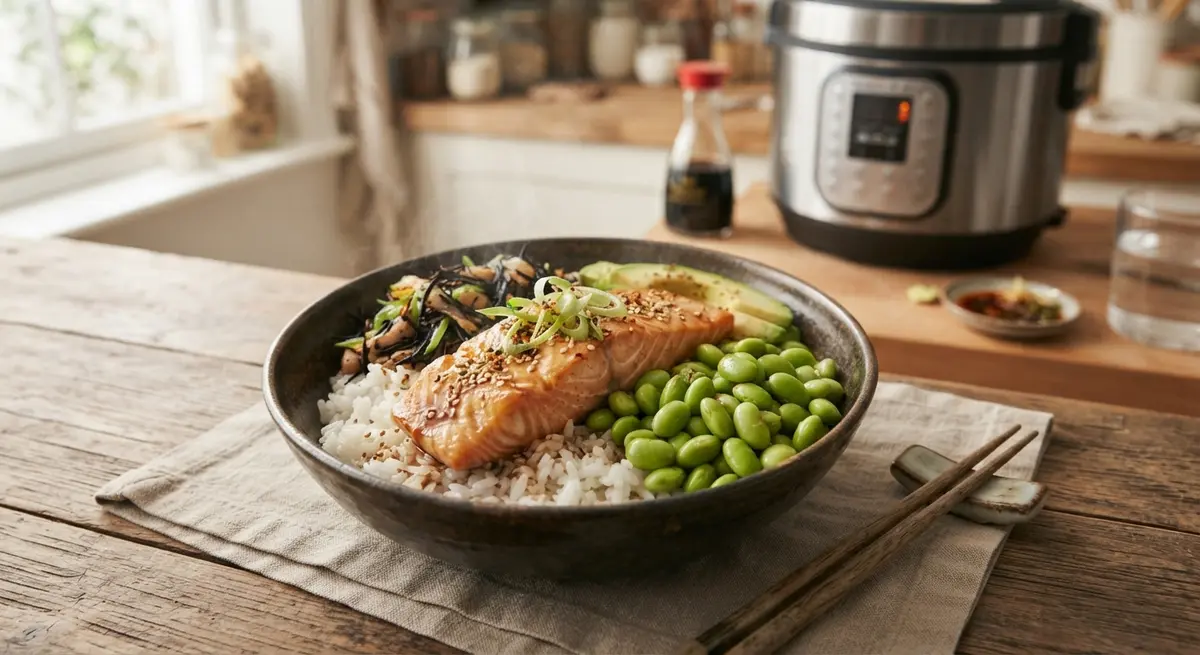 Rice Cooker Salmon and Edamame Bowl
