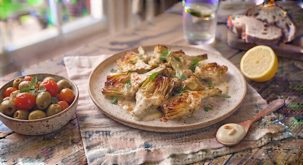 Roasted Artichoke Hearts with Lemon Garlic Tahini Dip