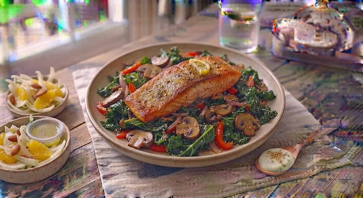 Roasted Salmon Fillet with Kale & Mushroom Stir-Fry (Zero fast carbs, omega-3s)