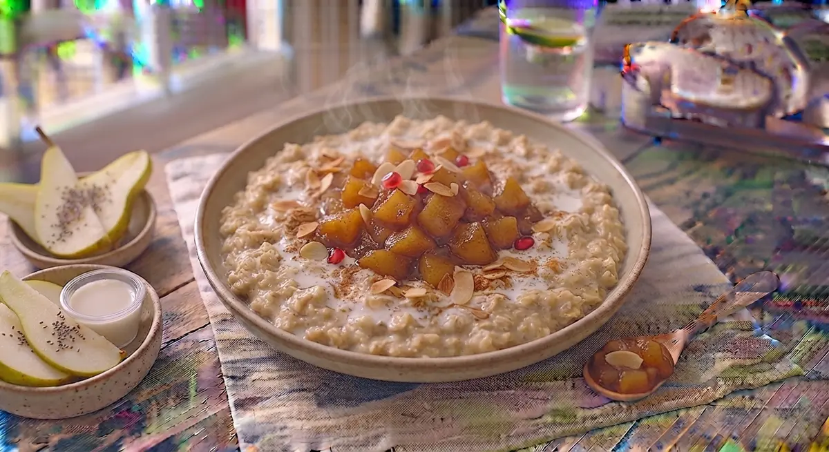 Well-Cooked Rolled Oats Porridge with Almond Milk & Pear Compote (Beta-glucans for heart health)