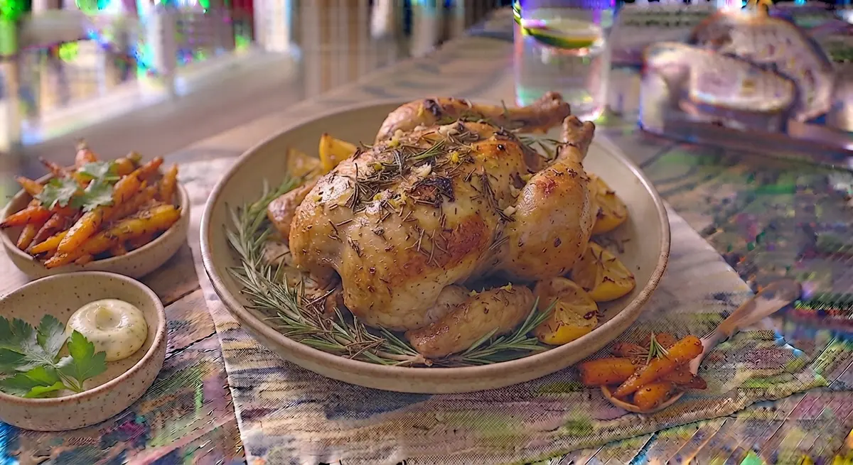 Rosemary Roast Chicken with Garlic Cloves & Cumin Roasted Carrots (Zero excess salt, flavor from aromatics)
