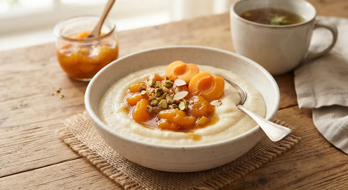 Fine Semolina Porridge with Plant Milk, Honey & Apricot Compote (Easily assimilated carbohydrates)