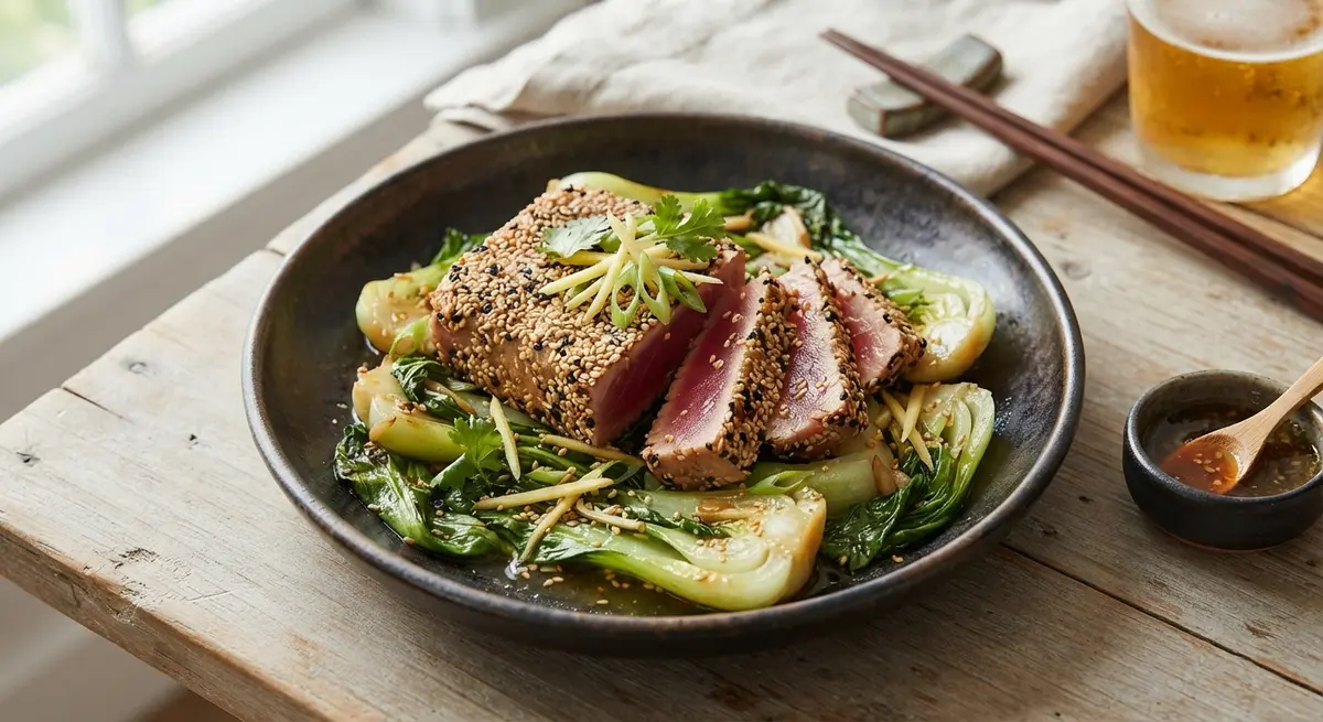 Sesame-Crusted Tuna Steak with Sautéed Bok Choy and Ginger