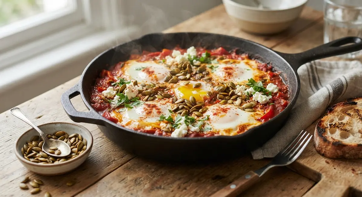 Bell Pepper, Tomato & Egg Shakshuka Topped with Pumpkin Seeds (Zinc and glycemic regulation)