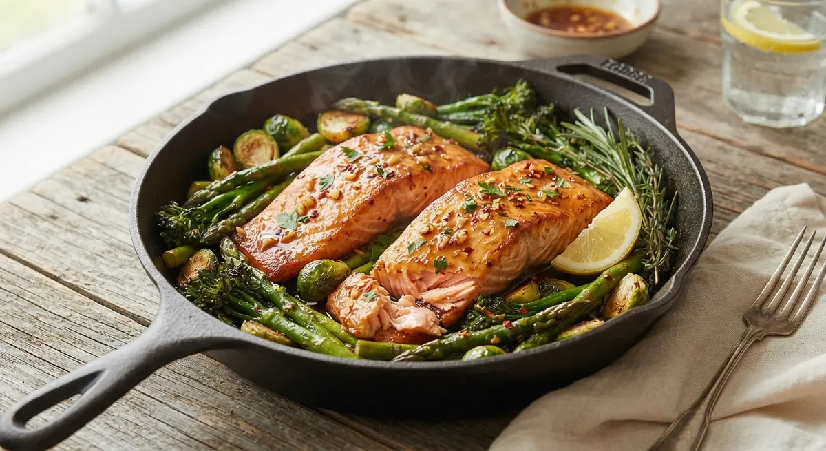 Skillet Honey Garlic Glazed Salmon and Greens