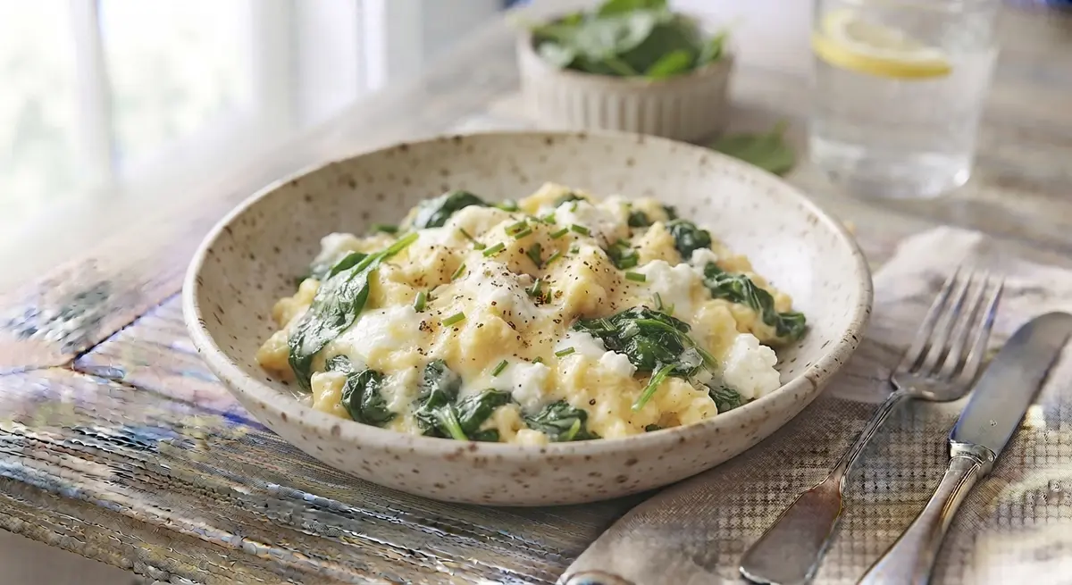 Soft-Scrambled Eggs with Tender Baby Spinach & Fresh Goat Cheese (Complete proteins and iron)