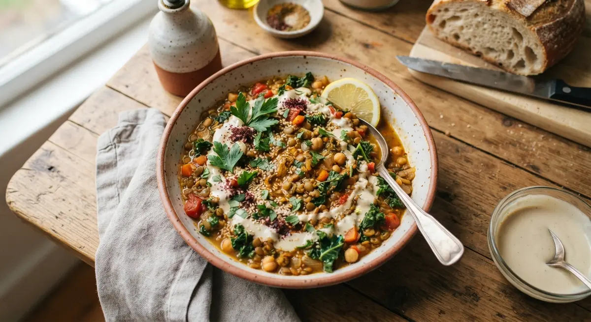 Spiced Lentil and Kale Stew with Lemon Tahini