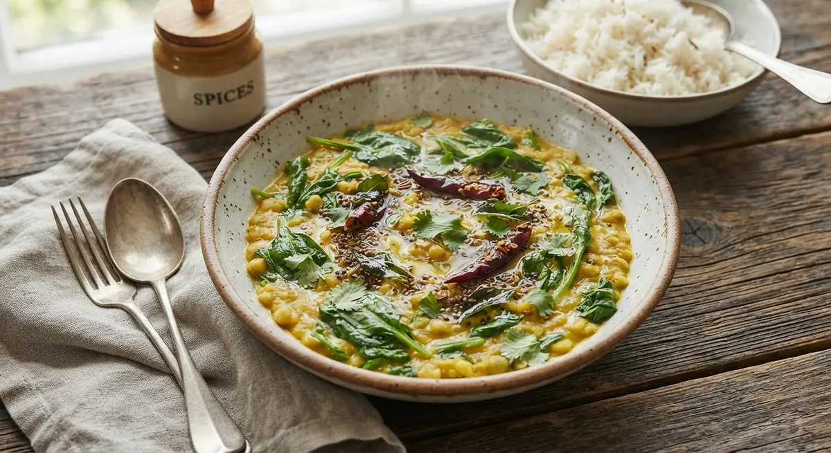 Split Pea Dhal with Mild Spices & Spinach (Slow-digesting legume)