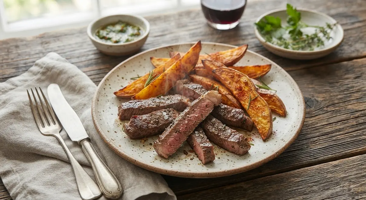 Steak Strips with Sweet Potato Wedges