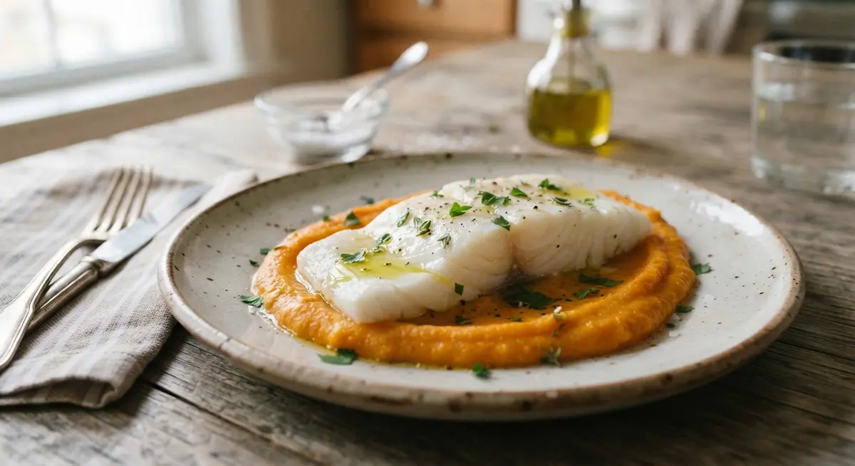 Steamed Cod Fillet with Sweet Potato Puree & Olive Oil (Omega-3s and Vitamin A)