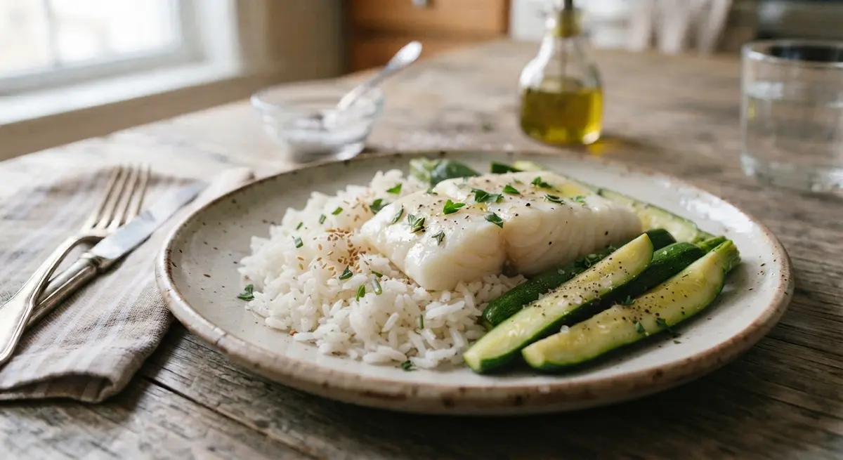 Steamed White Fish, Jasmine Rice & Skinless Cooked Zucchini (Gentle digestion)